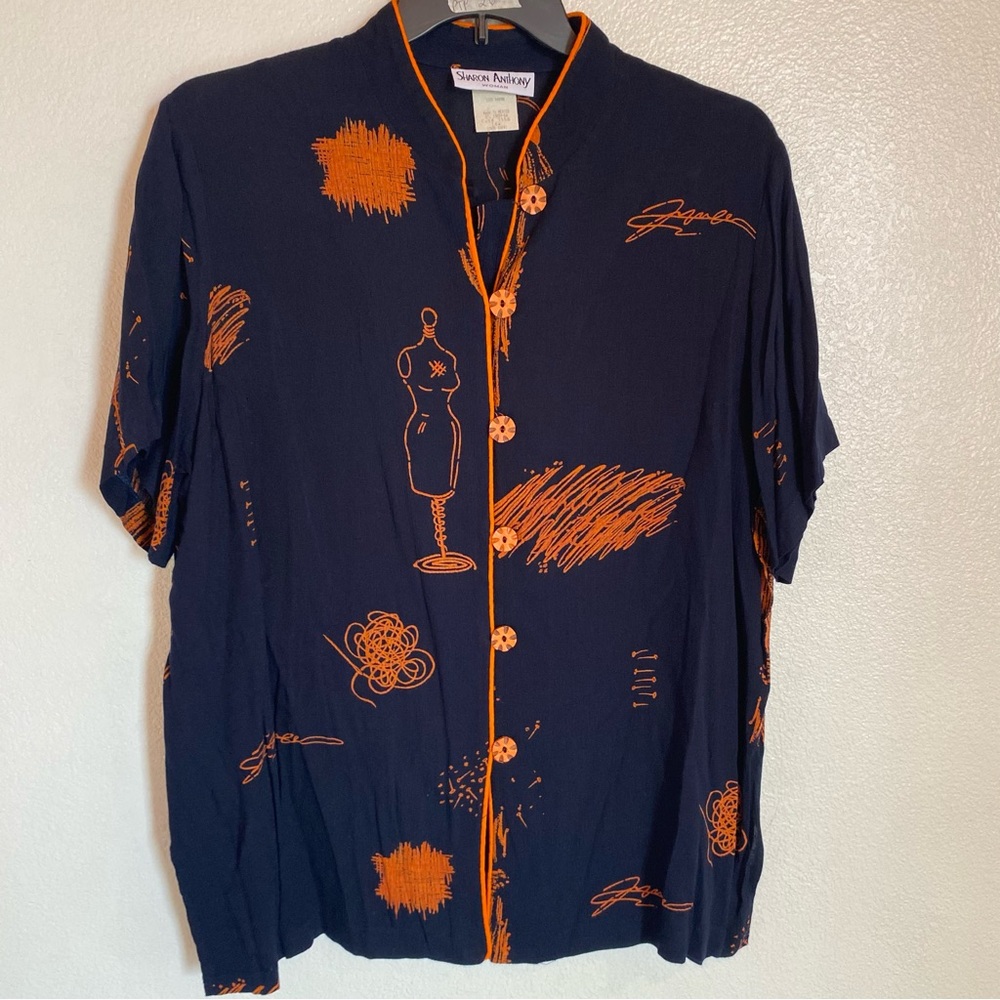 NT Sharon Anthony shirt 27 W Womens size Navy and Orange Asian Patterned vintage